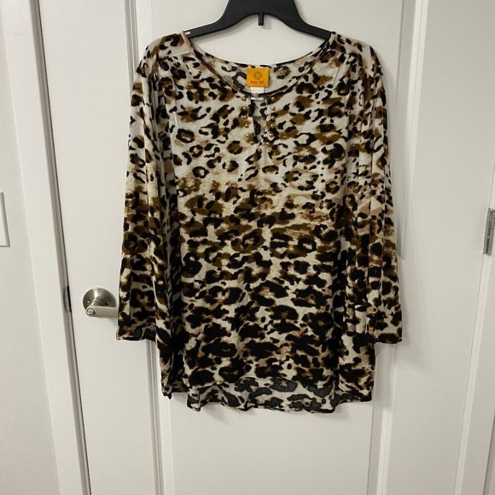 Ruby Rd Leopard Print Blouse Large L Viscose 3/4 Sleeve Keyhole Cutout Top Tunic